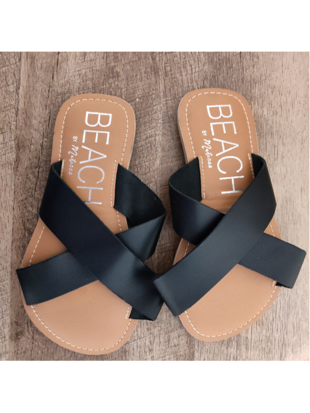 Women's Beach by Matisse Black Tan Criss Cross Slide Sandals Size 9